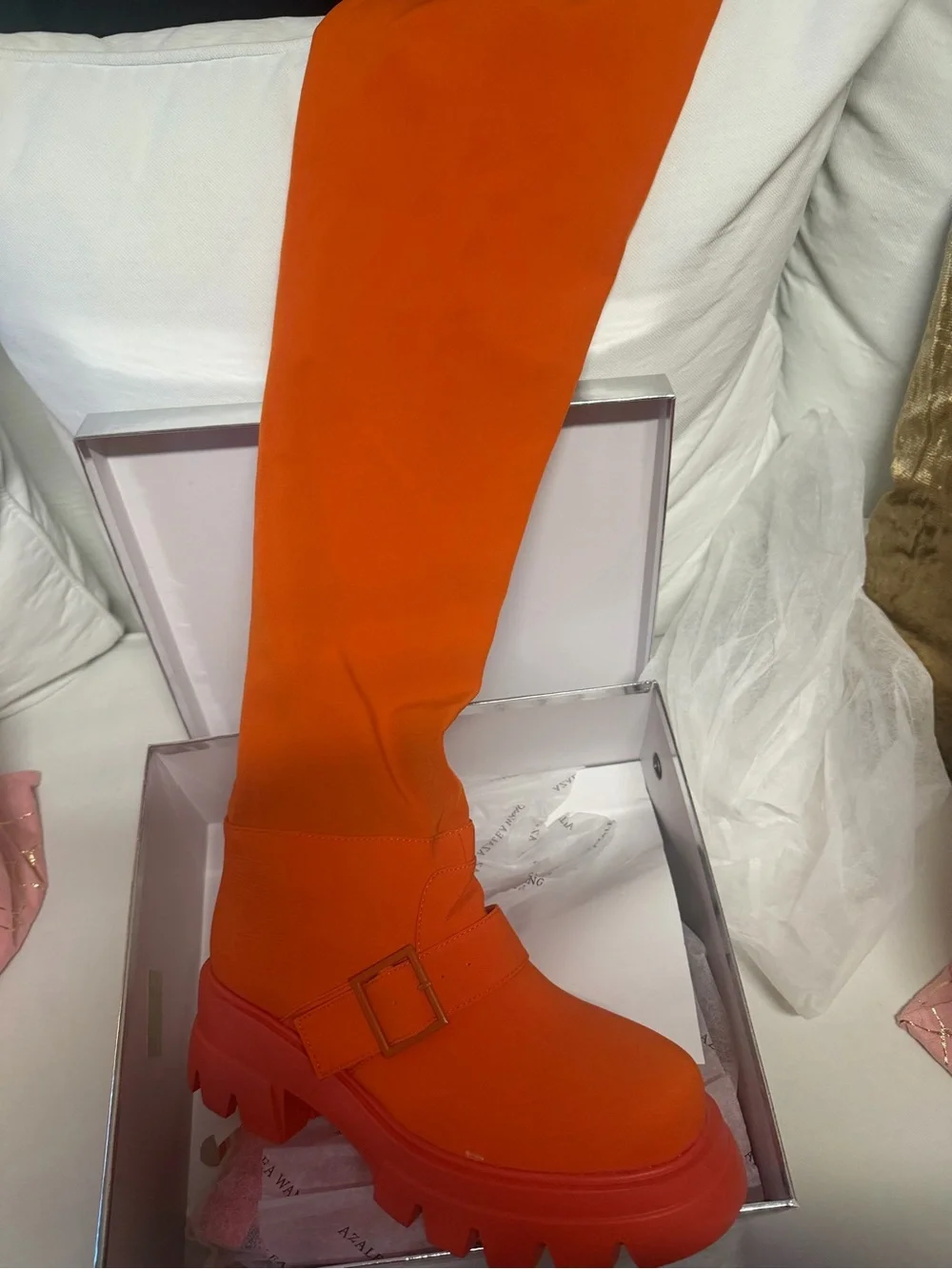 Vibrant Orange Over-the-Knee Chunk Heel Boots